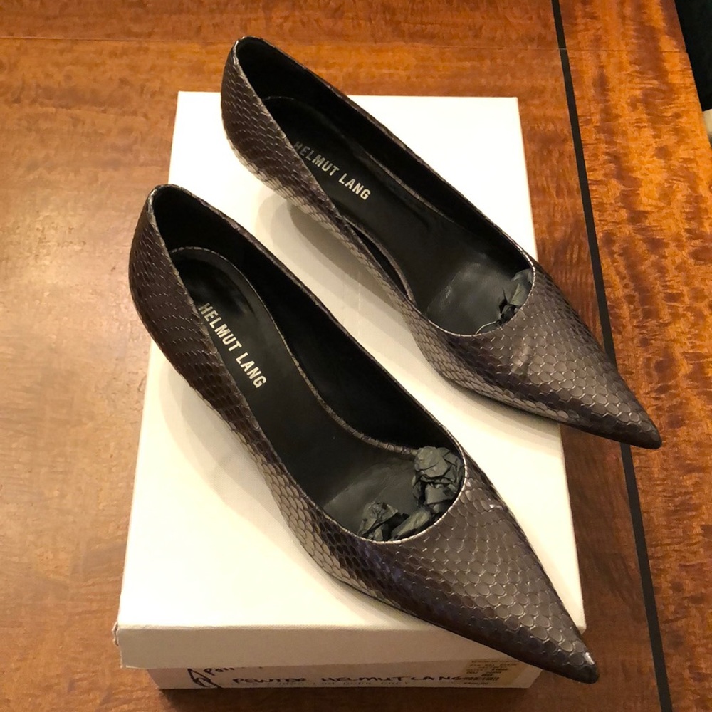 Helmet Lang Pewter Cobra skin kitten heels